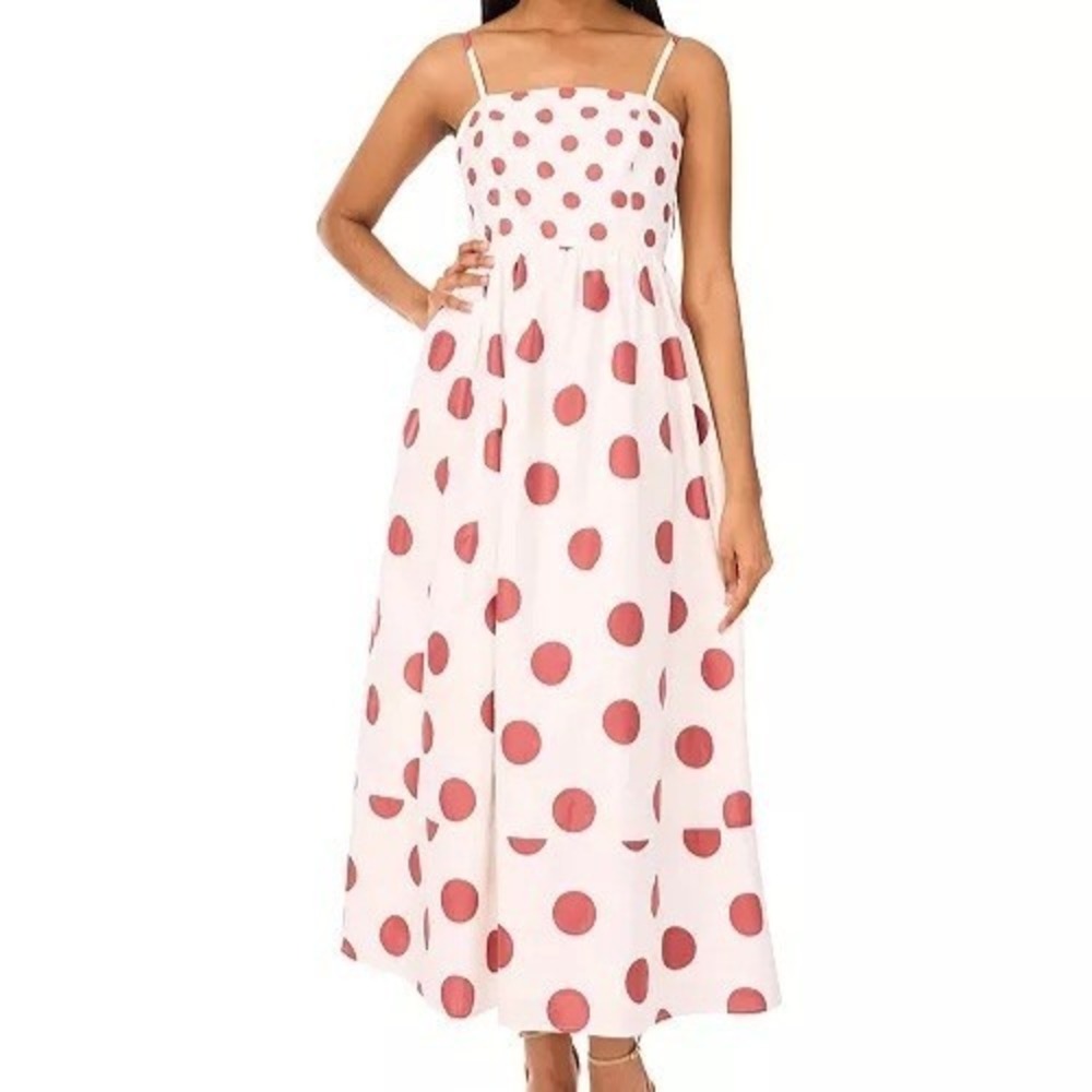 CeCe Cotton Blend Printed Tie Smocked Back Maxi Polka Dot Dress Womens Size L